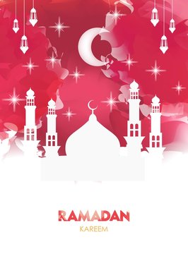 Ramadan Kareem Poster. Colorful Watercolor Cloud Ramadan Celebration Banner, Vector Illustration for greeting card, poster and voucher.