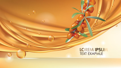 Sea buckthorn vector realistic ads poster. Branch with juicy orange seaberry, olive green leaves, flowing golden oil and flying oil drops on glowing glossy background, magazine mockup, banner ad