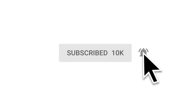 Reaching 10k subscribers.A Mouse pointer arrow clicking on Subscribe Button and then Bell Notification. White isolated Background. Minimalist.
