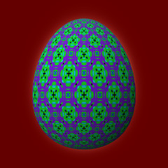 Happy Easter - Frohe Ostern, Artfully designed and colorful easter egg, 3D illustration on red background