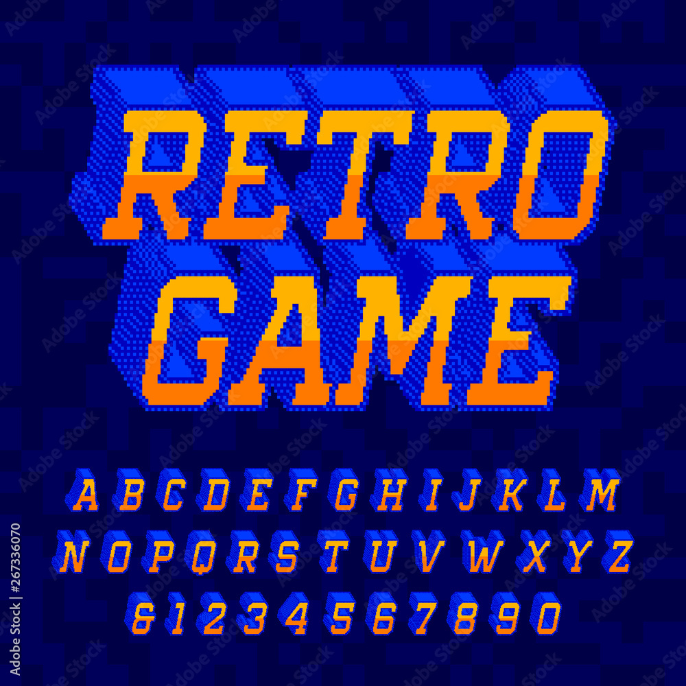 Fototapete retro game alphabet font. digital 3d pixel letters and numbers. 80s retro arcade video game typescri