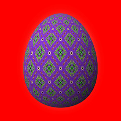 Happy Easter - Frohe Ostern, Artfully designed and colorful easter egg, 3D illustration on red background