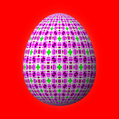 Happy Easter - Frohe Ostern, Artfully designed and colorful easter egg, 3D illustration on red background