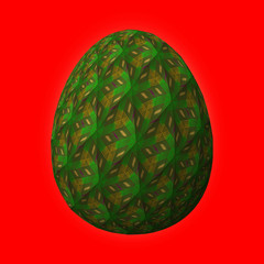 Happy Easter - Frohe Ostern, Artfully designed and colorful easter egg, 3D illustration on red background