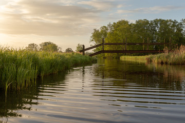 Fototapeta premium Early morning boat trip on the river enjoying the birdsong during a beautiful sunrise at the blankaart in Belgium