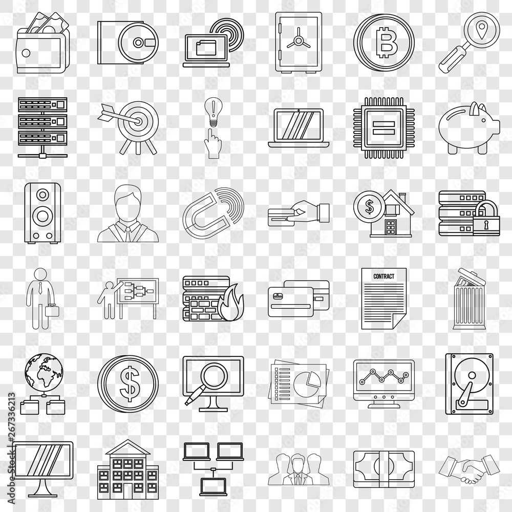 Poster money icons set. outline style of 36 money vector icons for web for any design