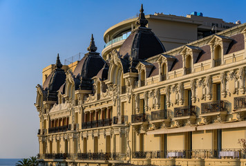 Ornate exterior of the famous Hotel de Paris in Monte Carlo Monaco, regularly listed on Conde Nast...