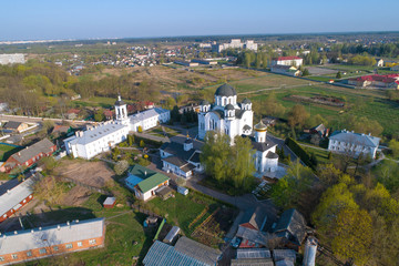View of the Savior-Euphrosyne nunnery on a sunny April day (aerial photography). Polotsk, Belarus
