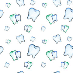 seamless watercolor pattern on white background teeth dentist doctor medicine illustration textile packaging box card banner design hand drawing