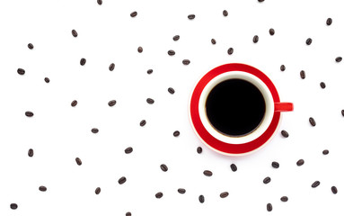 A cup of coffee with beans on white background