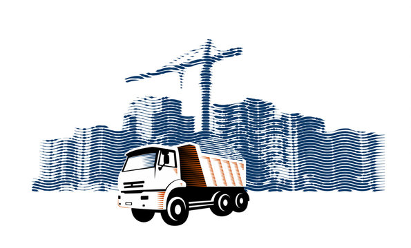 Removal Construction Waste From Building Site By Big Truck Car With Dumpster. Vector Illustration In Engraving Style