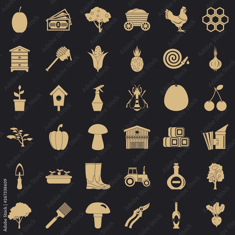 Poster hard farming icons set. simple style of 36 hard farming vector icons for web for any design