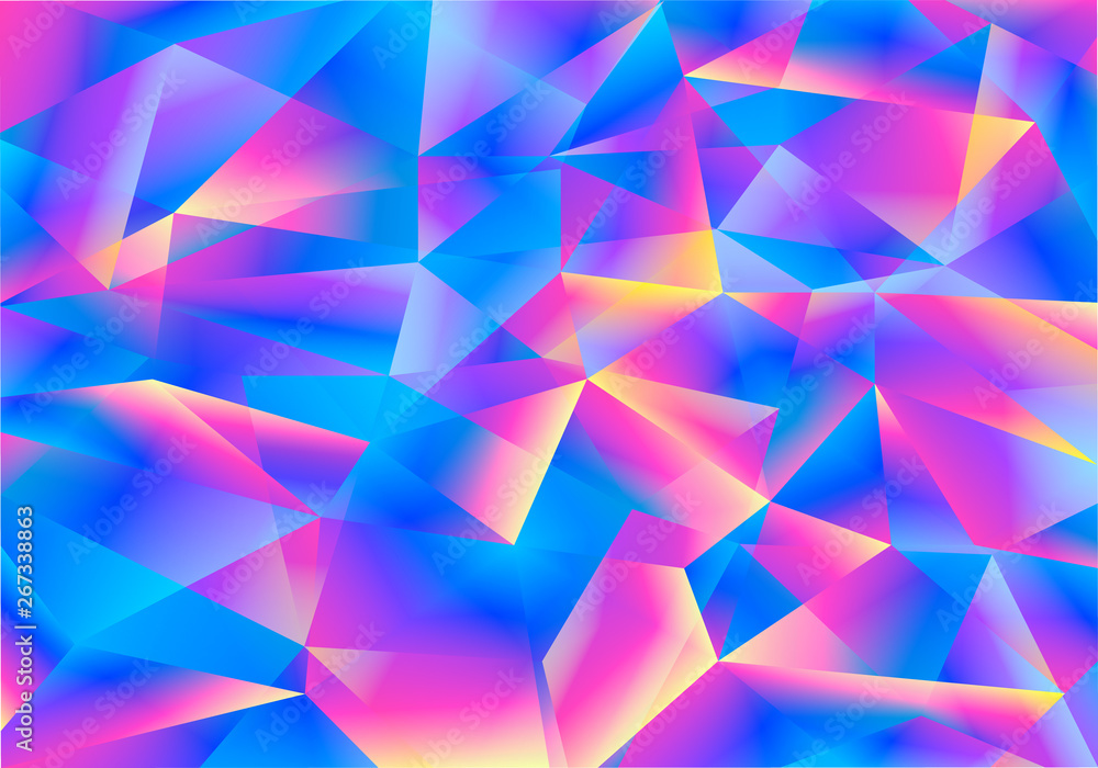 Poster Shimmering Color Background with Abstract Triangles. Vector Iridescent Bright Bg