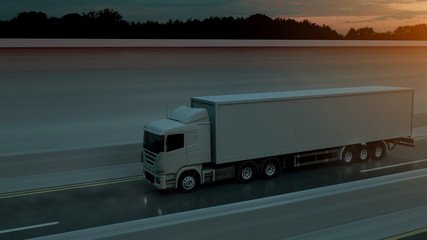 Truck speeding on the highway, side view. Transportation, shipping industry concept. 3D illustration