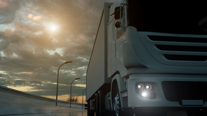 Truck speeding on the highway, low-angle shot. Transportation, shipping industry concept. 3D illustration