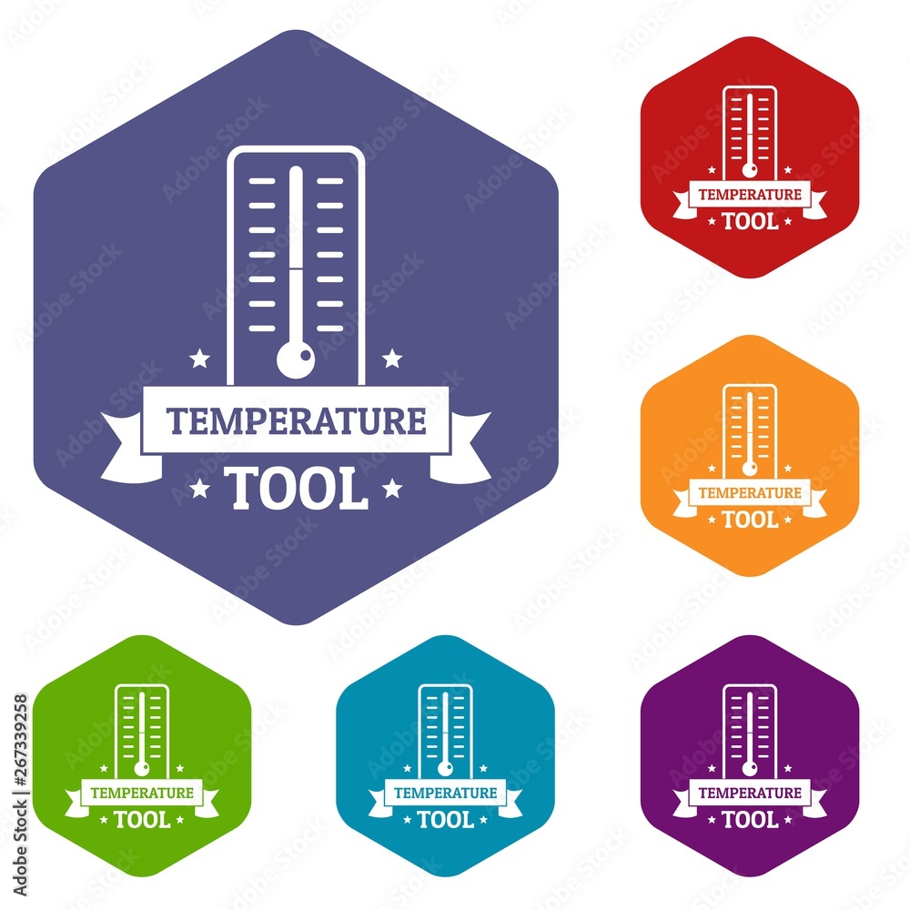 Poster temperature tool icons vector colorful hexahedron set collection isolated on white