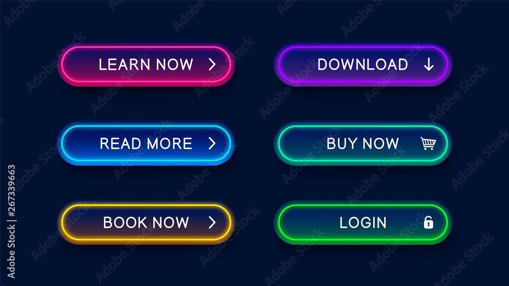 Poster Bright modern neon abstract buttons for website. Vector multicolored neon buttons isolated on dark background. Ready elements for use in web design.