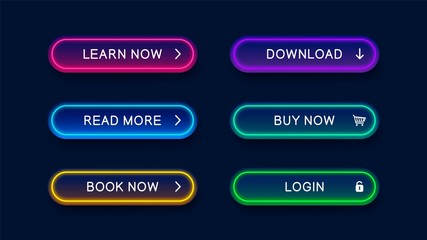 Bright modern neon abstract buttons for website. Vector multicolored neon buttons isolated on dark background. Ready elements for use in web design.