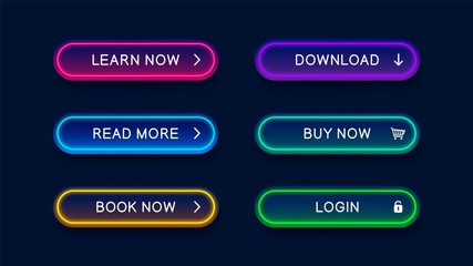 Bright modern neon abstract buttons for website. Vector multicolored neon buttons isolated on dark background. Ready elements for use in web design.