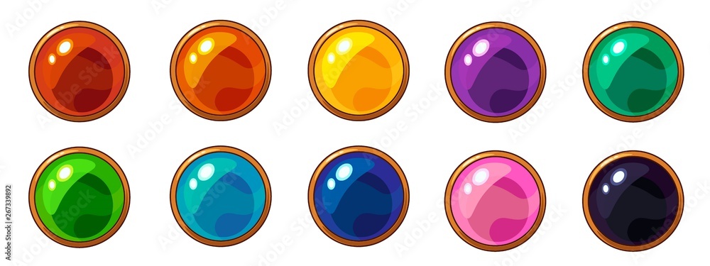 Wall mural shiny colorful round gem with golden frame set for mobile game interface design.