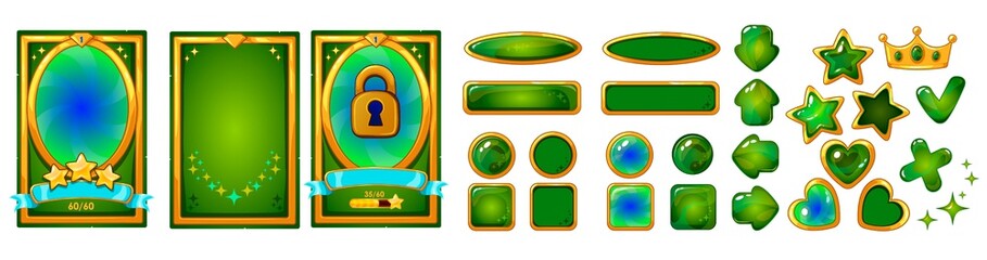 Level background card for mobile game ui design. Victory ribbon witch stars. Buttons set. © TomatoLaccoon