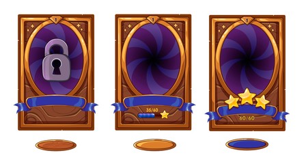 Level background card for mobile game ui design. Victory ribbon witch stars. Buttons set. © TomatoLaccoon