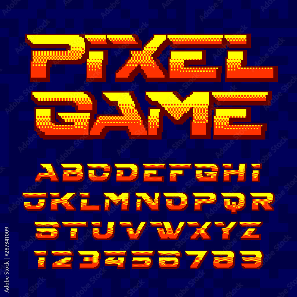 Poster pixel game alphabet font. digital pixel gradient letters and numbers. 80s retro arcade video game ty