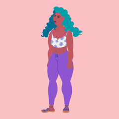 Dark skin plus size girl in modern clothes.Vector illustration of young woman with turquoise curly hair.Plump lady in white tank top and lilac leggings on neutral background.Beauty diversity concept.