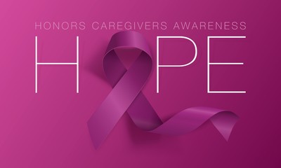 Honors Caregivers. National Family Caregivers Month. Calligraphy Poster Design. A Plum Ribbon brings awareness to Cancer Caregivers. November is Caregiver Awareness Month. Vector Illustration