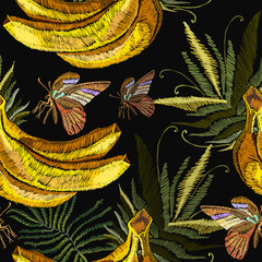 Embroidery bananas, butterfly and palm leaves seamless pattern, jungle art. Fashion template for clothes, textiles and t-shirt design