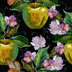 Embroidery apples and butterfly seamless pattern. Fashion template for clothes, textiles and t-shirt design. Spring blossoming apple-tree tapestry art