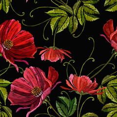 Embroidery red peonies seamless pattern. Fashion template