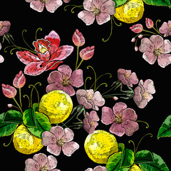 Embroidery blossoming lemons seamless pattern. Botanical illustration. Fashion template for clothes design