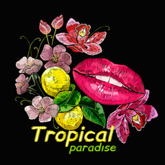 Embroidery red lips, flowers and lemons. Tropical paradise slogan. Summer art. Fashion template for clothes, textiles and t-shirt design