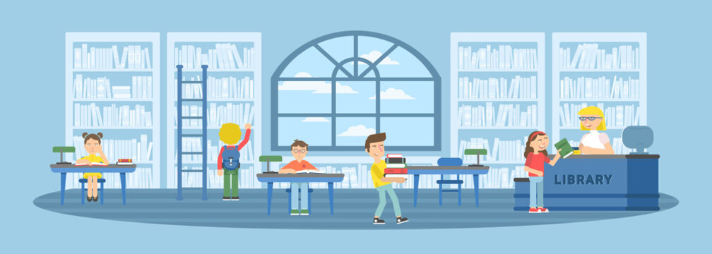 Children in library flat vector illustration