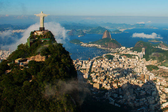 Rio de Janeiro, Brazil: Aerial view of Rio de Janeiro with Christ Redeemer and Corcovado Mountain