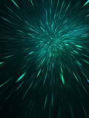 Abstract holiday background with blurred green rays and sparkles. Fantastic light effect. Digital fractal art. 3d rendering.