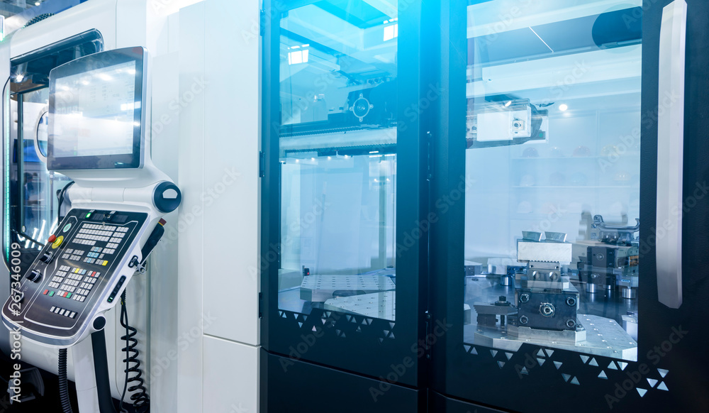 Poster equipment in modern milling smart factory. cnc or computer numerical control machine