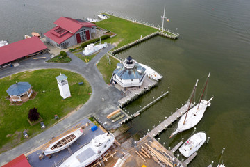 ships at the docks in St. Michaels Maryland chespeake bay aerial view panorama