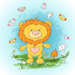 Postcard cute lion cub flowers and butterflies. Cartoon style