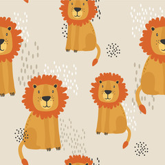 Lions, hand drawn backdrop. Colorful seamless pattern with animals. Decorative cute wallpaper, good for printing. Overlapping colored background vector