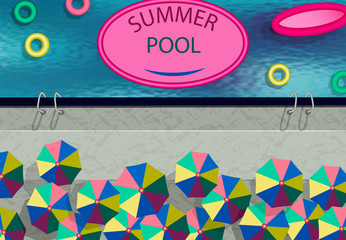 Stylized as a photo from the drone. Summer Pool, umbrellas, swimming circles. illustration