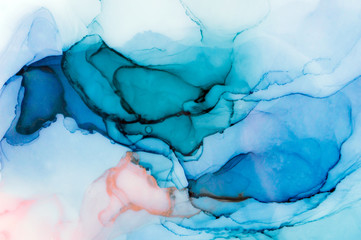 Alcohol ink sea texture. Contemporary art. Spots of oil paint. Abstract art background. Multicolored bright texture. Fragment of artwork. Modern art. Inspired by the sky, as well as steam and smoke.