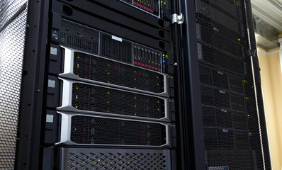 Close up cloud storage system panel modern with hard drives