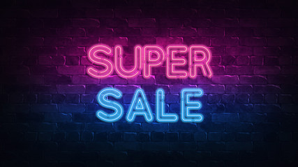 super sale neon sign. purple and blue glow. neon text. Brick wall lit by neon lamps. Night lighting on the wall. 3d illustration. Trendy Design. light banner, bright advertisement
