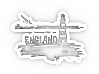Lighthouse on brush stroke seashore. Clouds line with retro airplane. England country name text. 3D rendering.