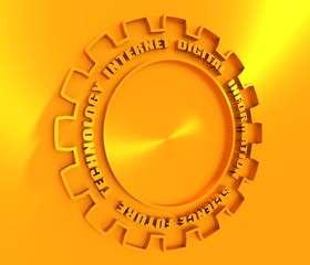 Technology relative words on the gear. Concept in industrial design. 3D rendering