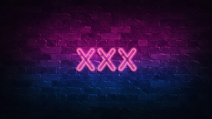 xxx neon sign. purple and blue glow. neon text. Brick wall lit by neon lamps. Night lighting on the wall. 3d illustration. Trendy Design. light banner, bright advertisement