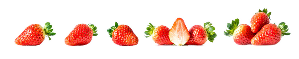 Set of fresh ripe red strawberries with green leaves close-up, isolated on a white background. A large size photo of a collection of ripe strawberries, isolated on a white background.