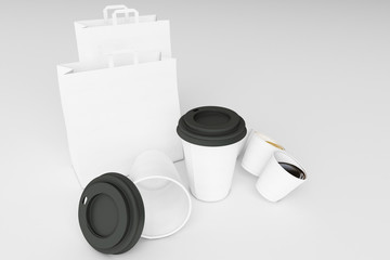 Set of white paper shopping bag and coffee cups on white background. 3d rendering